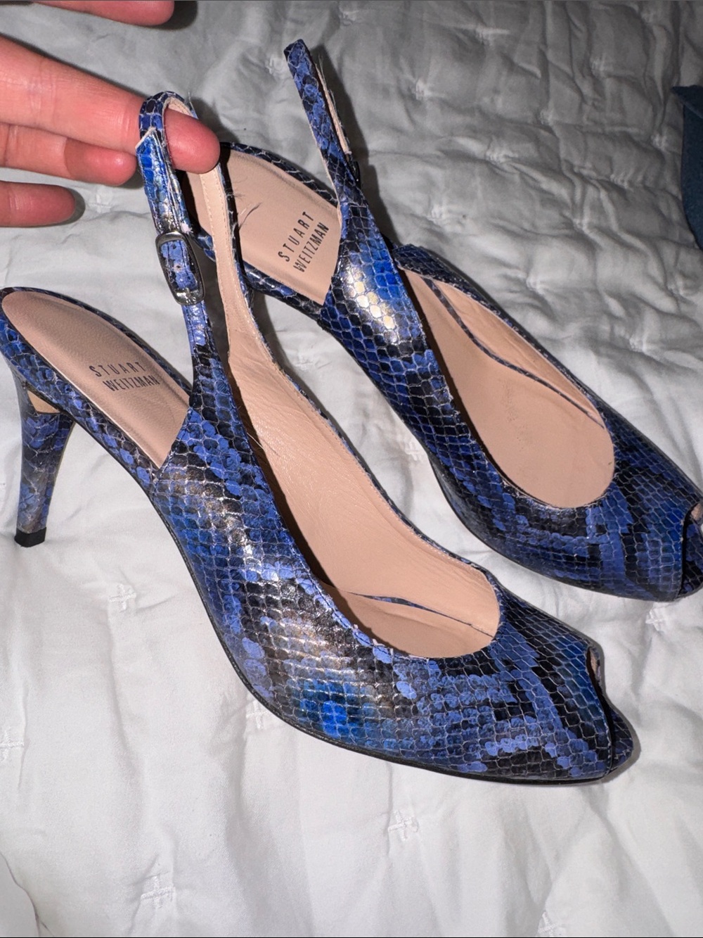 Stuart Weitzman Blue SnakeSkin Python Slingback Peep-Toe Heels Size 10